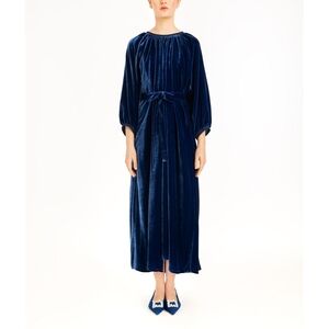 🆕️ Lavi Couture Carmen Silk Velvet Balloon Sleeve Midi Dress in Sapphire Blue